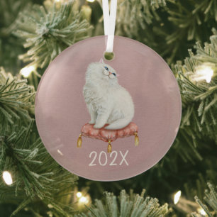 Het glimlachen van Witte Kat houdt het Jaar Glas Ornament