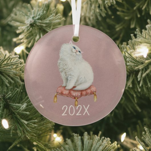 Het glimlachen van Witte Kat houdt het  Jaar Glas Ornament (Insitu)