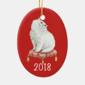 Het glimlachen van Witte Kat Keepomwille Jaar Keramisch Ornament (Achterkant)