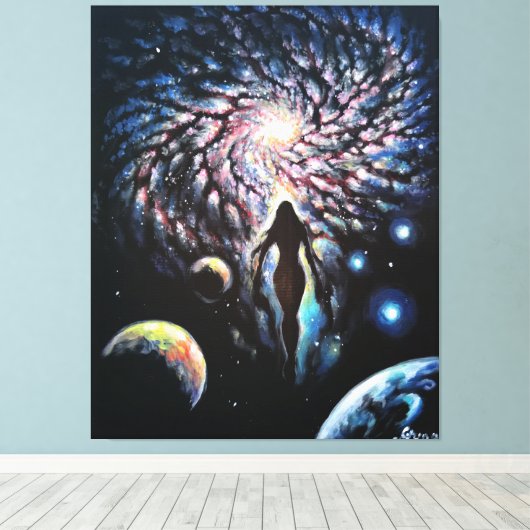 Het goddelijke vrouwtje in het universum canvas afdruk (Insitu (Houten vloer))