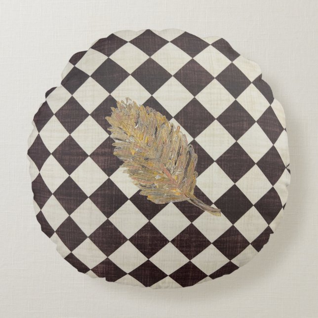 Het gouden Sierkussen met Leaf Diamond Round Rond Kussen (Voorkant)