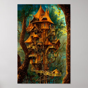 Het Gouden Treehouse Fantasy Digital Art Poster