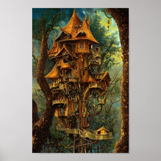 Het Gouden Treehouse | Fantasy Digital Art Poster (Voorkant)