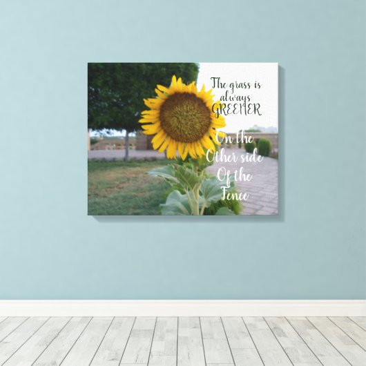 Het gras is altijd groenere zonnebloem canvas kuns (Insitu (Houten vloer))