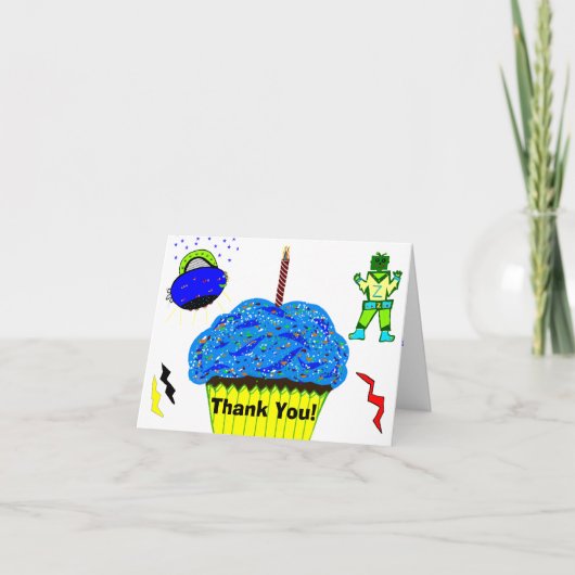 Het groene Blauwe Ruimteschip Cupcake van de Robot Bedankkaart (Voorkant)