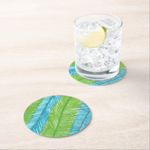 Het groene en Blauwe Patroon van Palmbladen Ronde Kartonnen Onderzetter