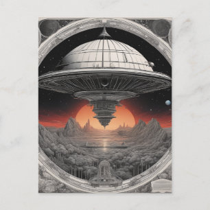 Het grote donkere ruimteschip voer diep door briefkaart