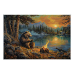 Het haardvuur van de berg Grizzly beren kampvuur Perfect Poster