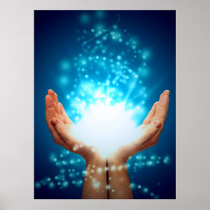 Het helen van handen op groene achtergrond, reiki, poster