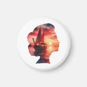 het hoofd van een vrouw dat een zonsondergang met magneet