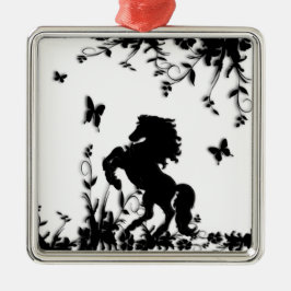 Het houden van Zwarte Stallion / Horse op White Metalen Ornament