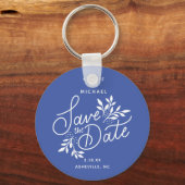 Het huwelijk bewaart de Datum Botanische Blauw Cal Sleutelhanger (Voorkant)