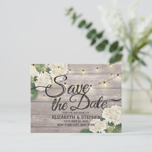 Het huwelijk bewaart de Datum Hydrangea het Hout v Aankondigingskaart (Staand voorkant)