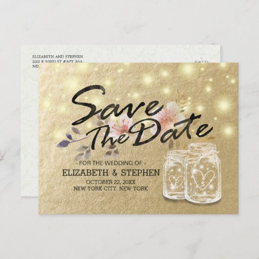 Het huwelijk bewaart de Datum Mason Jar String Lig Aankondigingskaart (Voorkant / Achterkant)