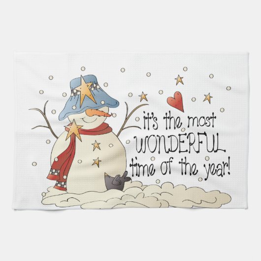 Het is de mooiste tijd van het jaar sneeuwman theedoek (Horizontaal)