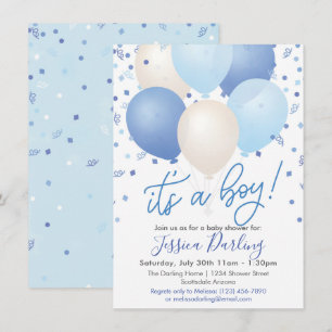 Het is een Baby shower Blue Balloons en Confetti. Kaart