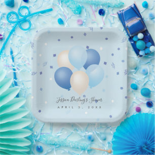 Het is een Baby shower Blue Balloons en Confetti. Papieren Bordje