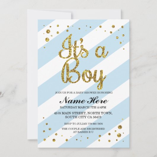 Het is een Baby shower Blue Stripe Gold Invite. Kaart (Voorkant)