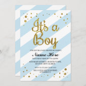Het is een Baby shower Blue Stripe Gold Invite. Kaart (Voorkant / Achterkant)