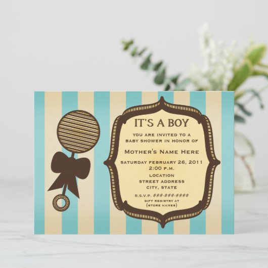 Het is een Baby shower Rattle Blue Stripes Kaart (Staand voorkant)