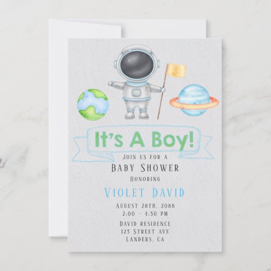 Het is een Baby shower van een jongen uit de ruimt Kaart (Voorkant)