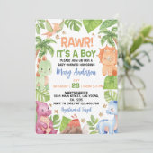Het is een Baby shower van een jongensdinosaurus Kaart (Staand voorkant)