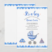 Het is een Boy Baby Carriage Shower Invitation Kaart (Voorkant / Achterkant)