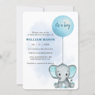 Het is een Boy Baby Elephant Blue Balloon Baby sho Kaart