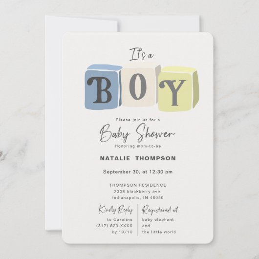 Het is een Boy Baby shower Blocks Blue Kaart (Voorkant)