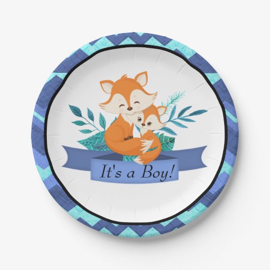 Het is een Boy Baby shower Fox Blue Paper Bord Ani (Voorkant)