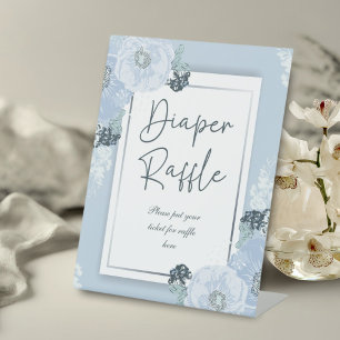 Het is een Boy Blue Floral Baby shower luier Raffl Reclamebord Met Voetstuk