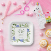 Het is een Boy Blue Hydrangeas Boy Baby shower Papieren Bordje (Feest)