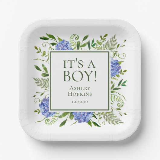 Het is een Boy Blue Hydrangeas Boy Baby shower Papieren Bordje (Voorkant)