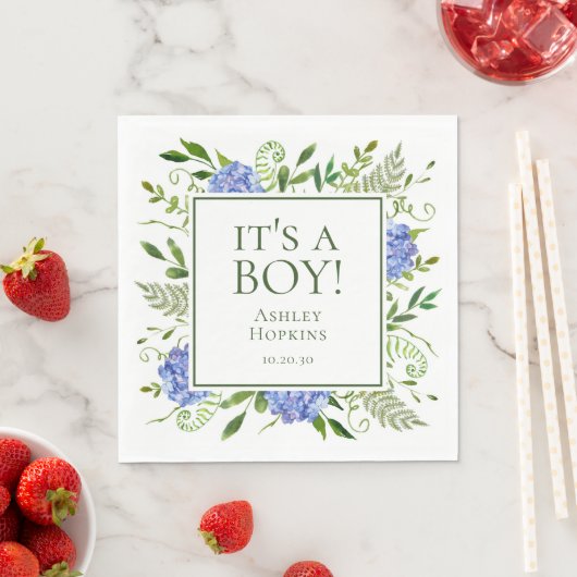 Het is een Boy Blue Hydrangeas Boy Baby shower Servet (Insitu)