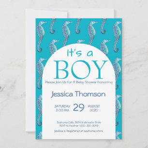Het is een BOY Blue Seahorse Baby shower Invitatio Kaart