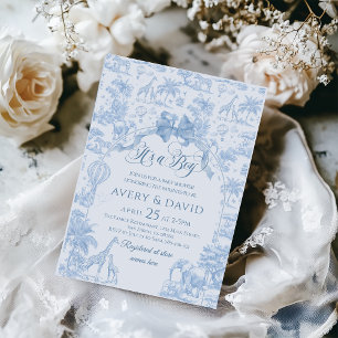 Het is een Boy Blue Toile Safari Animal Baby showe Kaart