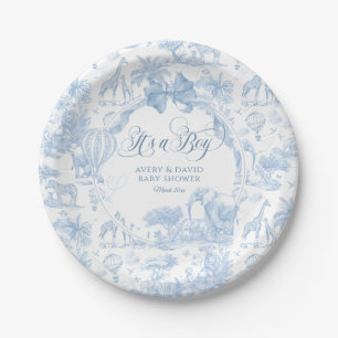 Het is een Boy Blue Toile Safari Animal Baby showe Papieren Bordje