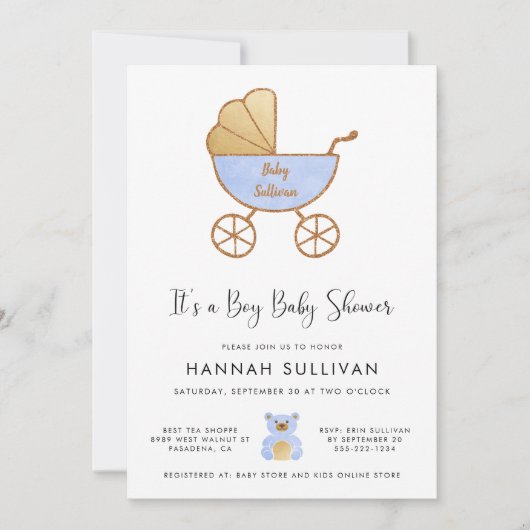 Het is een Boy Carriage Blue Gold Waterverf Shower Kaart (Voorkant)
