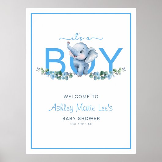 Het is een Boy Elephant Baby shower Welcome Poster (Voorkant)