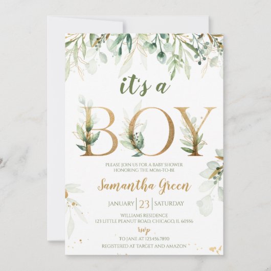 Het is een Boy Greenery Baby shower Kaart (Voorkant)