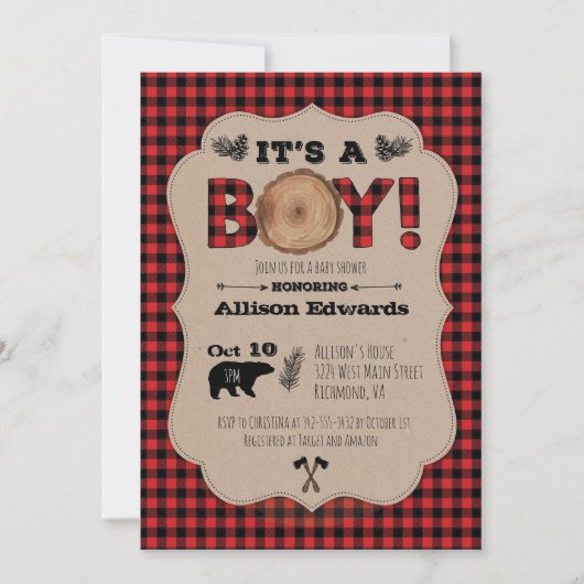 Het is een Boy Lumberjack Plaid Baby shower Invita Kaart (Voorkant)
