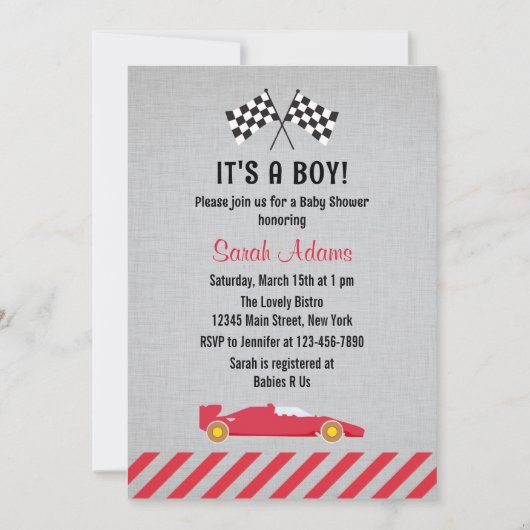 Het is een Boy Race Car Baby shower uitnodiging (Voorkant)