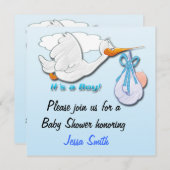 Het is een Boy Stork Baby Shower Invitations Kaart (Voorkant / Achterkant)