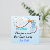 Het is een Boy Stork Baby Shower Invitations Kaart (Staand voorkant)