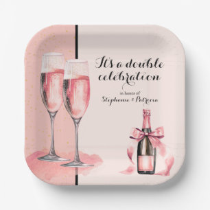 Het is een dubbele viering Roze Champagne Verjaard Papieren Bordje