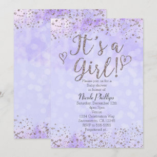 Het is een Girl Baby shower Paars & Silver Invitat Kaart