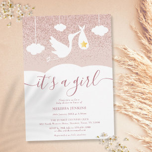 Het is een Girl Baby shower Stork Roos Gold Glitte Kaart