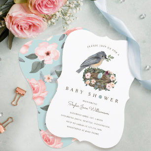 Het is een Girl Blue Floral Bird's Nest Baby showe Kaart