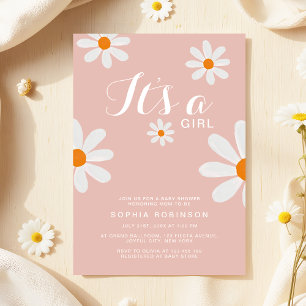 Het is een Girl Blush Pink Daisy Flowers Baby show Kaart