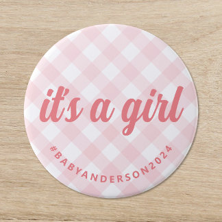 Het is een Girl Gingham Baby shower Ronde Button 7,6 Cm